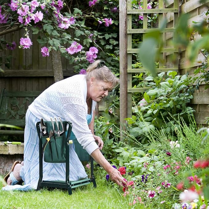 2-in-1 Garden Kneeler & Seat, Folding Seat w/EVA Foam Kneeling Pad & Removable Tools Pouch, Sturdy Steel Frame, No Assembly, Portable Heavy Duty Garden Stool for Women & Men