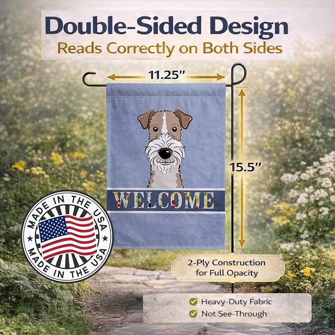 Caroline's Treasures BB1433GF Wire Haired Fox Terrier Welcome Garden Flag, Blue Mailbox Flag Decorative Yard Flag Banner Outside Patio Artwork Yard Flower Beds, Garden Size, Multicolor
