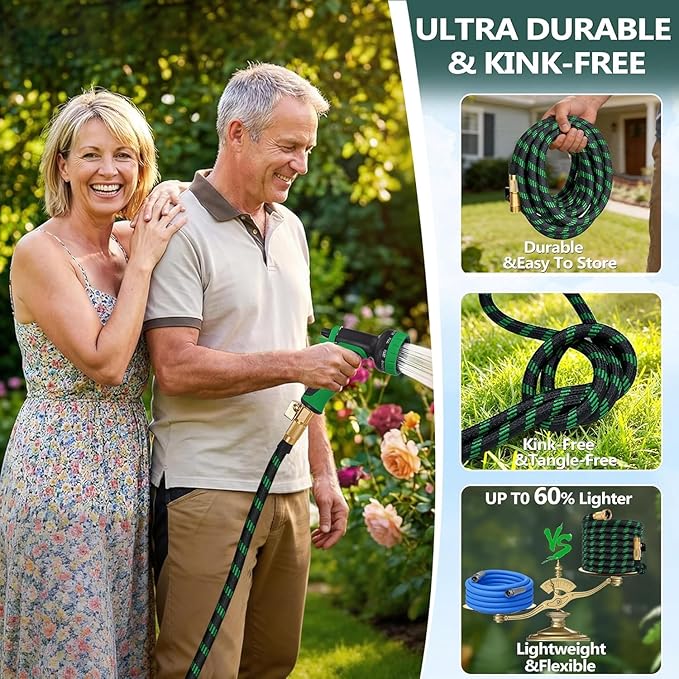 25 ft Garden Hose,2026 New Improved Lightweight All-Weather Water Hoses, Ultra Durable and Flexible Garden Hose with 10-Function Spray Nozzle, Leak-Free Connections Garden Hose for Yard, Lawn,Outdoor
