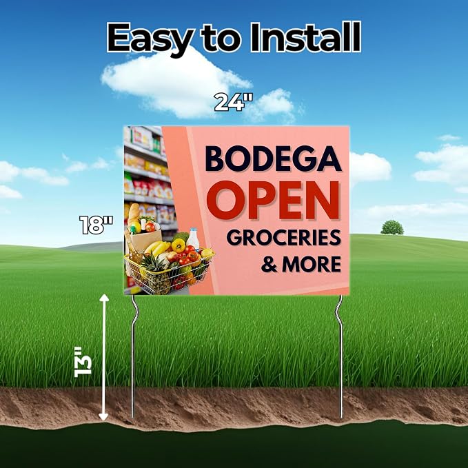 Bodega Open - Groceries & More! Yard Sign by DC | 24"x18" Double Sided Conv. Store Garden Sign with 13” Metal Stakes | Outdoor Signs Waterproof for Lawn, Patio, Sidewalk & House | Set of 1