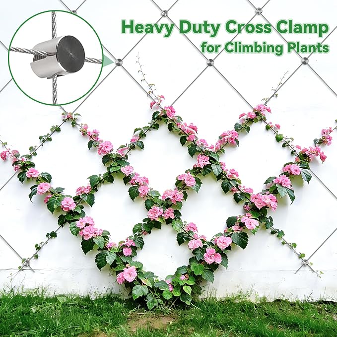 20PCS T316 Stainless Steel Cable Cross Clamps, Kalolary Heavy Duty No Drilling Clips for 5/64"-1/8" Wire Rope & Rods, Wall Wire Trellis Kit for Climbing Plants DIY Outdoor Garden Vine Flower Wall
