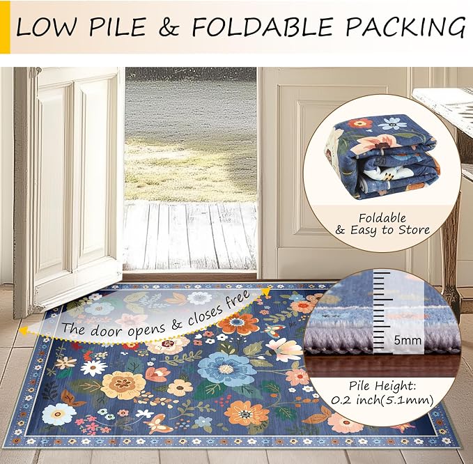 Floral Washable 2x8 Area Rugs Runner Entryway Hallway Blue/Grey | Flower Carpet, Print, Boho, Non-Slip, Easy to Clean, Low Pile, Soft, for Living Room Bedroom Kitchen Office Entrance