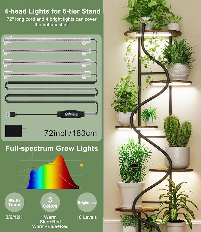 Plant Stand Indoor with Grow Light,60" Tall Plant Shelf w/ 4-Head Grow Lights,Corner Plant Stands for Multi Plants,6 Tiered Large Plant Holders,Metal S-Shaped Plant Rack for Home Office Patio