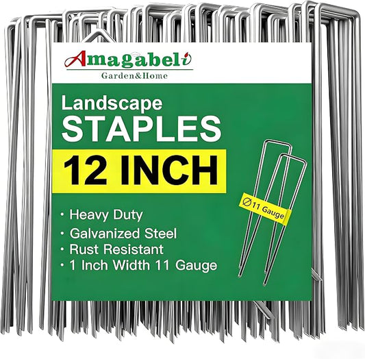 AMAGABELI GARDEN & HOME 100 Pack Galvanized Landscape Staples 12 Inch 11 Gauge Garden Staples Garden Stakes Plant Cover Stakes U-Shaped Landscape Stakes Landscape Pins for Weed Barrier Fabric