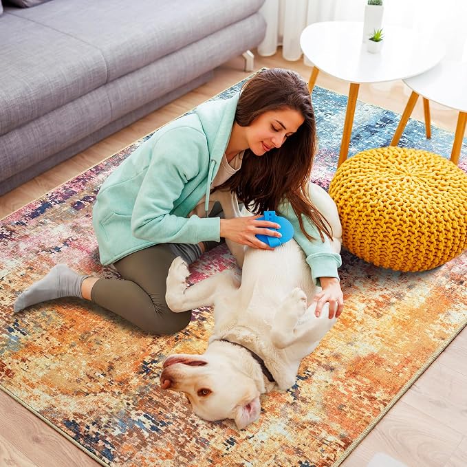 4x6 Colorful Washable Area Rug for Living Room Bedroom, Modern Abstract Non-Slip Rugs, Low Pile Soft Stain Resistant Carpet for Dining Room, Kitchen, Office, Dorm, Bedside Decor