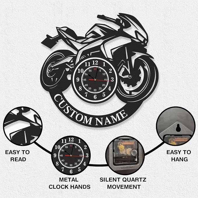 Personalized Motorcycle Wall Clock, Custom Name Outdoor Clocks Waterproof, Non Ticking, Battery Operated, Modern Metal Wall Clock Decor for Garage Workshop Farmhouse Man Cave, Gift for Men
