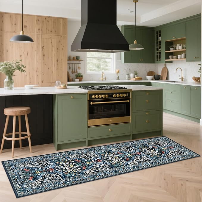 GarveeHome Blue Floral 2.5x8 Washable Kitchen Runner Rug | Vintage Stain Resistant Rugs for Entryway Hallway Bedroom Bathroom Low-Pile Non-Slip Soft Botanical Boho Rug TPE Backing