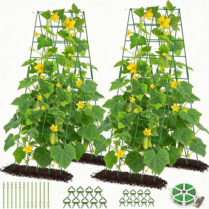 DoCred Cucumber Trellis, 59" H 2 Pack Metal Foldable Upgraded A Frame Garden Trellis for Raised Bed Climbing Plants, Vegetables, Including Plant Support Clips, Twist Ties, Plastic Ties, Green