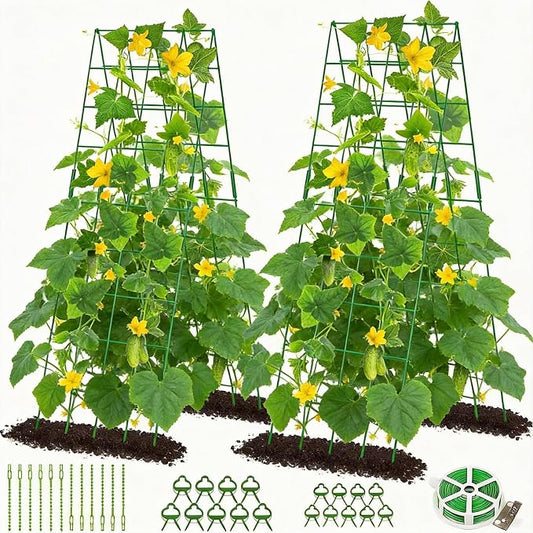 DoCred Cucumber Trellis, 59" H 2 Pack Metal Foldable Upgraded A Frame Garden Trellis for Raised Bed Climbing Plants, Vegetables, Including Plant Support Clips, Twist Ties, Plastic Ties, Green