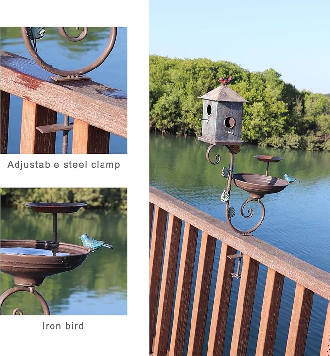 HLQMFHT Deck Bird Bath, 3 in 1 Metal Bird Bath and Bird Houses, Decorative Deck Mounted Bird Baths, Detachable and Adjustable Sturdy Deck Bird Bath for Outdoor Porch Yard Garden Decoration