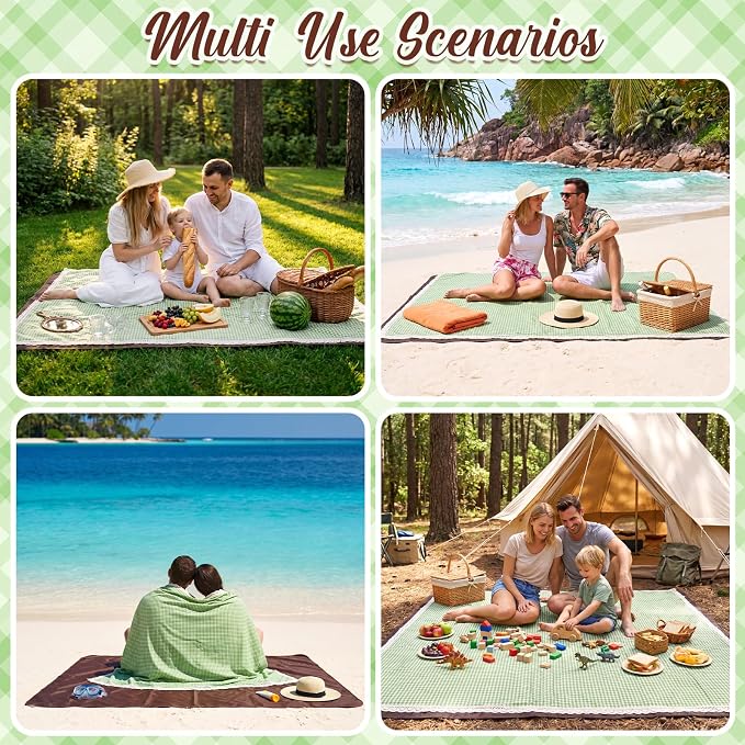 VitalCozy Waterproof Picnic Blankets 59 x 78in Outdoor Blanket Foldable 2 in 1 Double Layer Sandproof Beach Mat with Carry Strap for Camping Lawn Park Beach Grass (Green White)