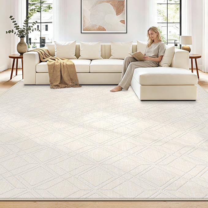 9x12 Area Rugs Washable Rug: Geometric Moroccan Farmhouse Rugs Large Living Room Rug Modern Neutral Soft Non-Slip Printed Pattern Carpet for Bedroom Dining Room Nursery Office (Beige, 9'x12')