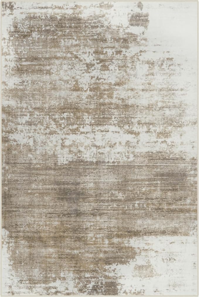 9x12 Area Rugs for Living Room: Washable Abstract Brown White Carpet | Non-slip TPE backing makes this washable soft low-pile rug safe & durable, Pet-friendly decor for dining room,nursery,office
