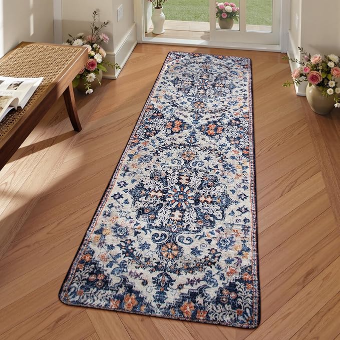 Lahome Reine 2x6 Blue Washable Hallway Runner Rug, Bohemian Floral Medallion Kitchen Carpet Runner, Soft Non Skid Floor Runners for Bathroom Bedroom Vanity Office Sunroom