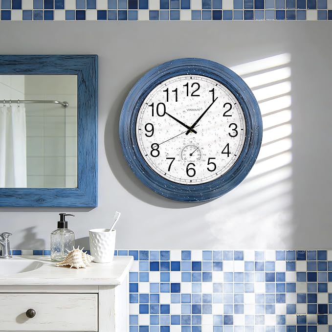 VIKMARI Indoor Outdoor Sealed Glass Clock Waterproof Silent Classic Quartz Clocks Thermometer Battery Operated Wall Clocks for Bathroom Patio Pool Wall Decor (12 Inch,Rustic Blue)