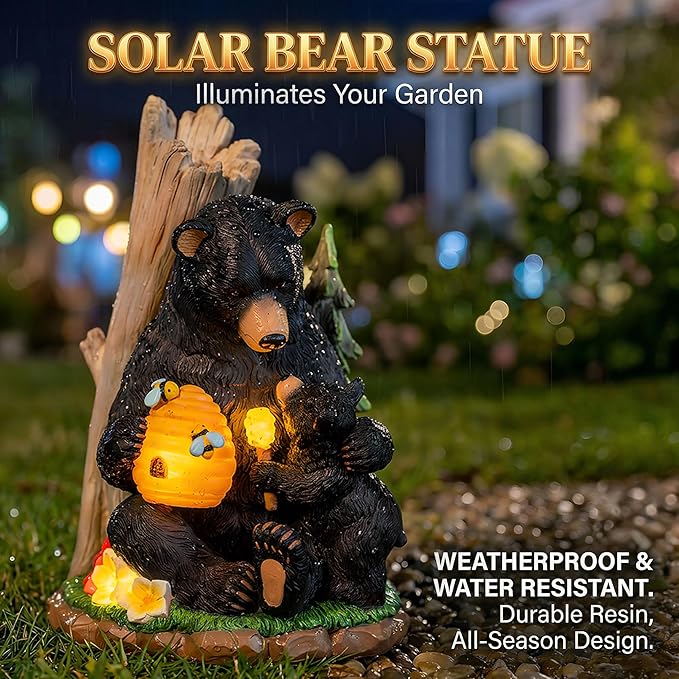 C&Y&G&X Solar Bear Garden Statue Lights, Black Bear & Cub Outdoor Resin Yard Decor for Patio Porch Lawn, Solar Garden Figurine with Light-Up Beehive, Housewarming Gifts for Garden Lovers