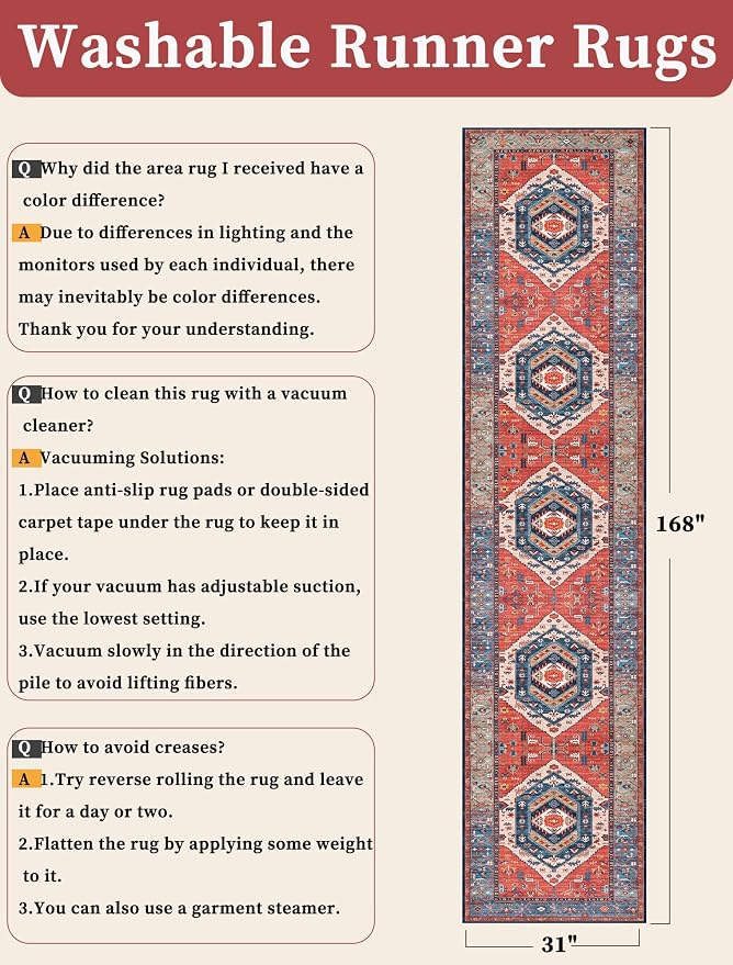 SERISSA 2'6"x14' Washable Non Slip Boho Runner Rug for Hallway，Rust | Ultra Soft Vintage Oriental Carpet Low-Pile Tribal Floor Carpet for Kitchen Bedroom Entryway Bathroom Laundry Room