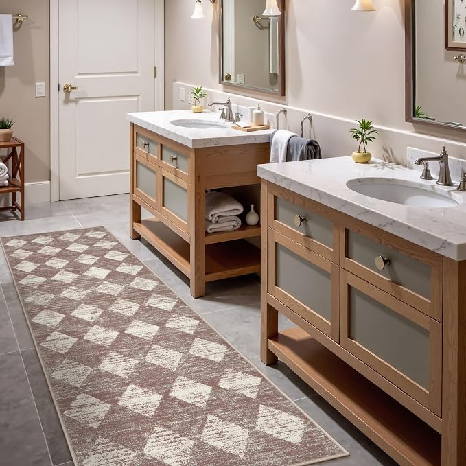 Checkered Kitchen Runner Rug 2x6 Beige, Non Slip Washable Hallway Bathroom