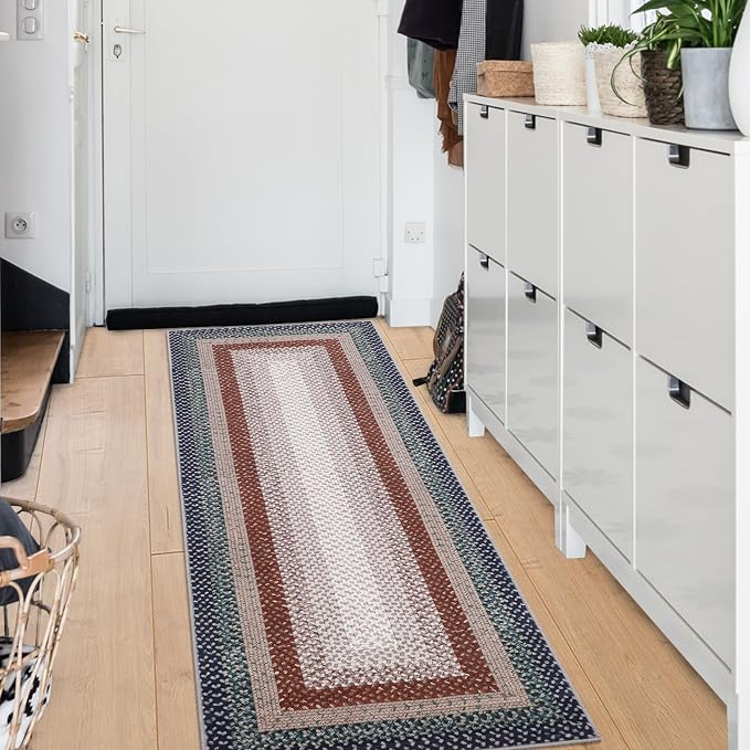 RUGSREAL Hallway Runner Rug 2x6 Braided Machine Washable Kitchen Rugs | Low Pile Farmhouse Runner Non Slip Stain Resistant Rustic Runners Modern Printed Carpet for Living Room Bedroom, Olive/Brown