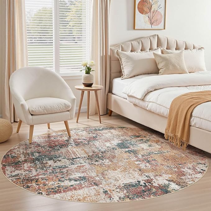 Tortania Washable 8' Round Area Rug for Living Room: Modern Abstract Neutral Large So' Thin Rugs - Non Slip Indoor Carpet for Bedroom Dining Room Office Nursery Home Floor Decoration - Colorful Multi