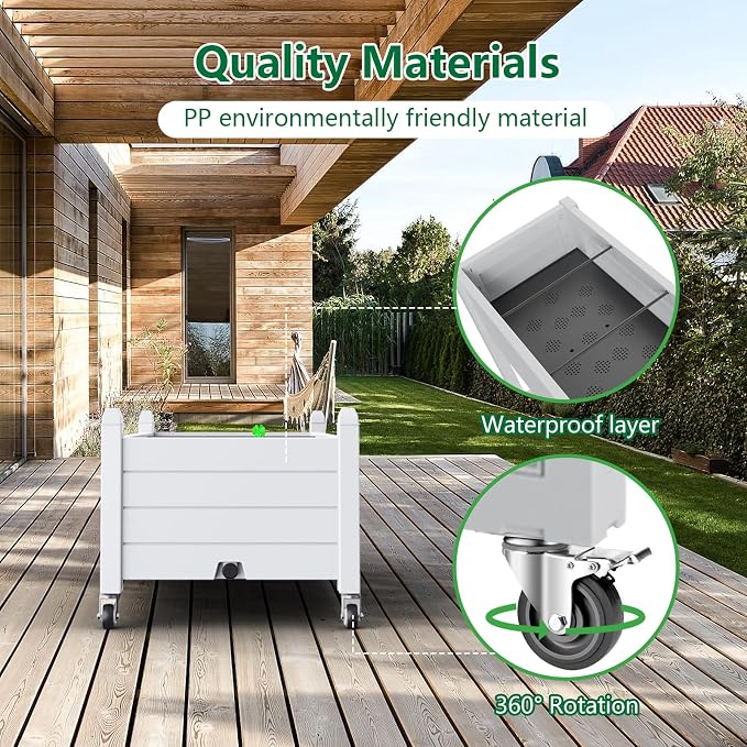 Vixzen Raised Garden Bed with Wheels Outdoor,Resin Weatherproof Planter Box with Drain Hole and Water Level Detector,for Planting Plants Vegetables(Ashen, 43.31 * 17.72 * 17.56)
