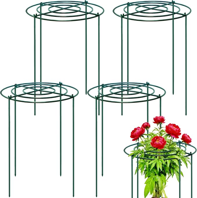 4 Sets Peony Support Cage,24"Diax32"High Heavy Duty Metal Plant Support,Grow Through Hoops Grids with 4 Thickened 6mm Legs,Strong Support Brace for Heavy Blossoms,Flower Support Ring for Peonies,Rose