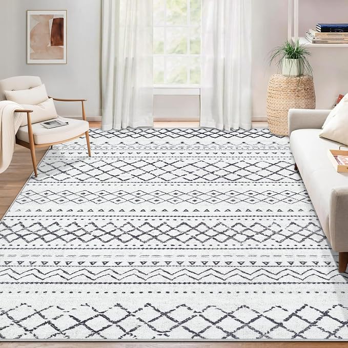 Area Rug Living Room Rugs 8x10 - Large Soft Boho Geometric Rug, Non-Slip Foldable Washable Rugs Non Shedding Morden Indoor Floor Carpet for Living Bedroom Office Dining Room(Black,8'x10')
