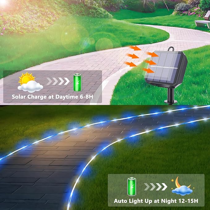 Solar Rope Lights, 2 Packs Total 132ft 400LED Solar String Lights, 8 Modes Waterproof Solar Outdoor Light, Flexible Clear Trampoline Light for Garden Backyard Patio Deck Pool Tree Decor - White & Blue