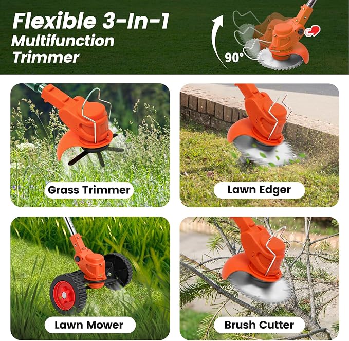 24V 3-in-1 Cordless Weed Wacker, Electric Grass Trimmer Edger Brush Cutter with Wheels, Lightweight Adjustable String Trimmer, 2 Pack 2000mAh Batteries & Fast Charger for Lawn Yard Garden Care, Orange