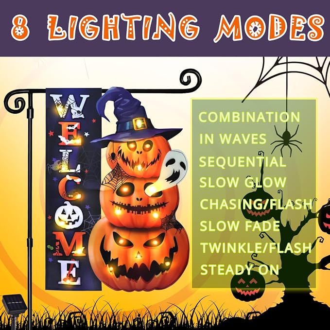 Halloween Lighted Garden Flag, Solar Weclome Pumpkin Yard Flag for Outside, 8 Modes Double Sided Welcome Halloween Pumpkin Outdoor Decorations for Home Porch