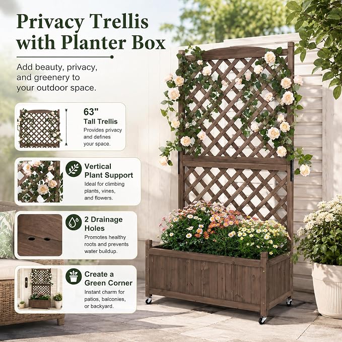 Trellis Raised Garden Bed with Wheels Trellis for Climbing Plants Outdoor | 63"H × 36"W × 17.5"D Tall Lattice Privacy Screen with Drainage Holes