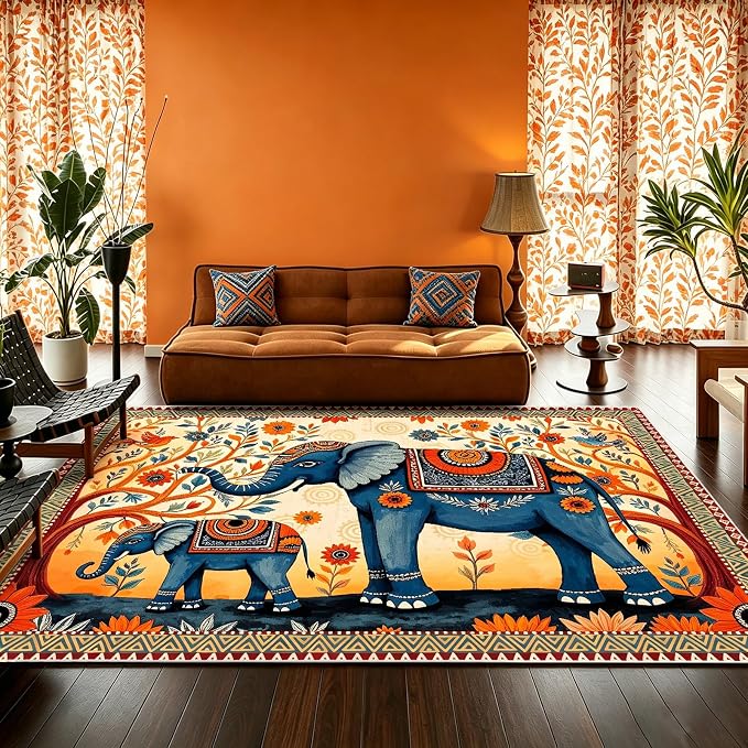 Boho Elephant Family Area Rug, 5x7ft Vintage Floral Mandala Tribal Pattern TPE Backing Non-Slip Washable Carpet, Bohemian Ethnic Floor Mat for Living Room Bedroom Entryway Farmhouse Home Decor