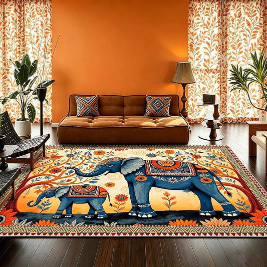 Boho Elephant Family Area Rug, 5x7ft Vintage Floral Mandala Tribal Pattern TPE Backing Non-Slip Washable Carpet, Bohemian Ethnic Floor Mat for Living Room Bedroom Entryway Farmhouse Home Decor
