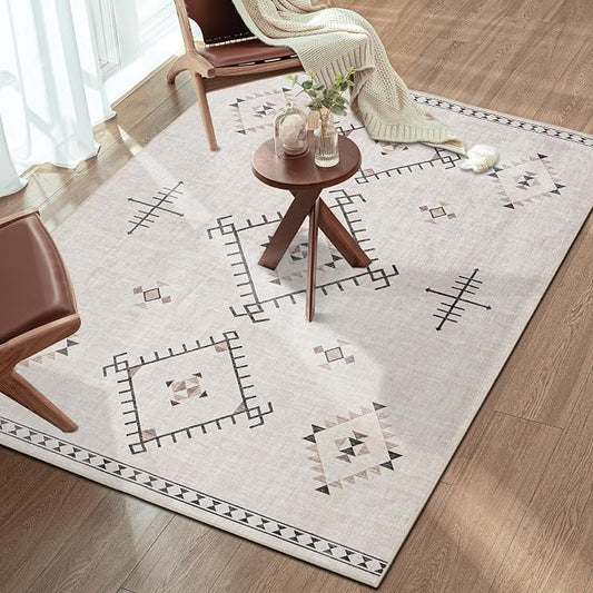 ILANGO Area Rug 3'x5' for Living Room Bedroom Washable Moroccan Boho Rugs for High Traffic Area Non Slip & Non-Shedding Rugs Fade Resistant Carpet for Doorway Entryway Kitchen Laundry (Beige)
