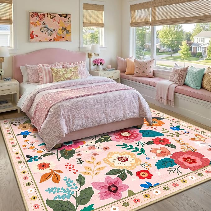 RELEANY Floral Washable Square 8ft Area Rug Pink | Flower Carpet, Print, Boho, Non-Slip, Easy to Clean, Soft, Low Pile for Living Room Bedroom Kitchen Office Entryway Hallway