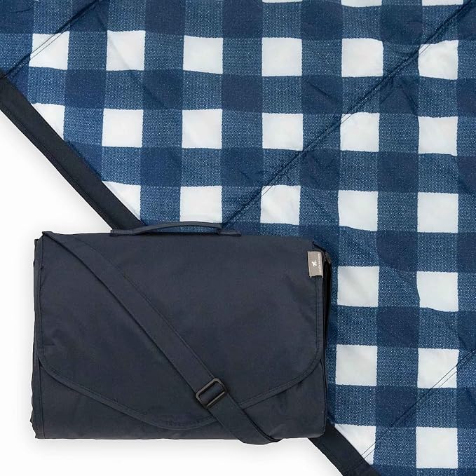 Little Unicorn 5'x10' XL Outdoor Family Picnic & Beach Blanket | Durable & Water-Resistant Fabric | Compact Fold & Easily Wipes Clean | Zipper Pocket (Navy Plaid)