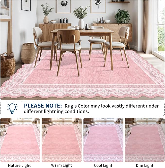 Garvee 2x6 Washable Scalloped Lace Runner Rug, Soft Rugs for Hallway Pink | Non Slip Entryway Rug, Scalloped Rug for College Playroom Kids Girls Room, Non-Shedding Low Pile Rugs Runner for Bedroom