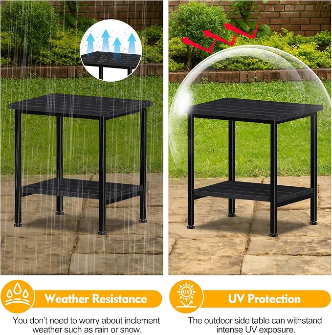 NANANARDOSO 2 Tier Outdoor Side Table with Storage, Adirondack Square Weatherproof End Table for Patio, Garden, Backyard, Porch, Deck, Balcony, Poolside-Black