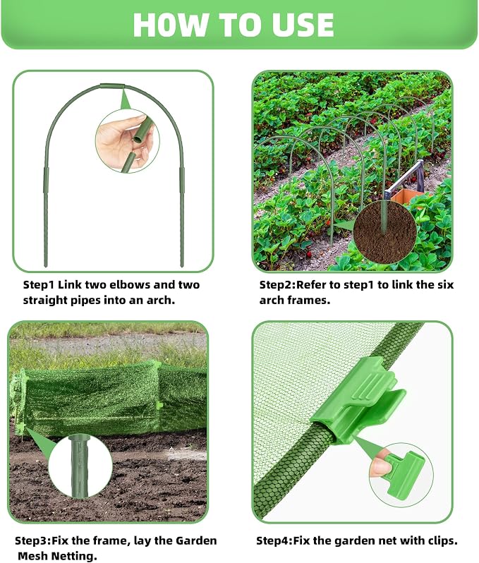U0U Garden Mesh Netting Kit,7.8 x 24 Ft Plant Netting with Hoops,Bird Net for Garden with 6 Sets Garden Hoops & 18 Clips,Garden Net Bed Cover for Plants Birds Animals Protection