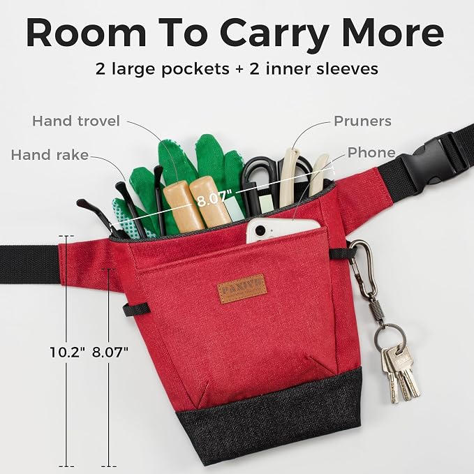 Garden Tool Belt for Women & Men, Burgundy Red Denim Apron with Pockets, Structured Opening, 2 Large Pockets + 2 Inner Pockets, Wide Belt Tool Pouch for Gardening, Florist & Craft