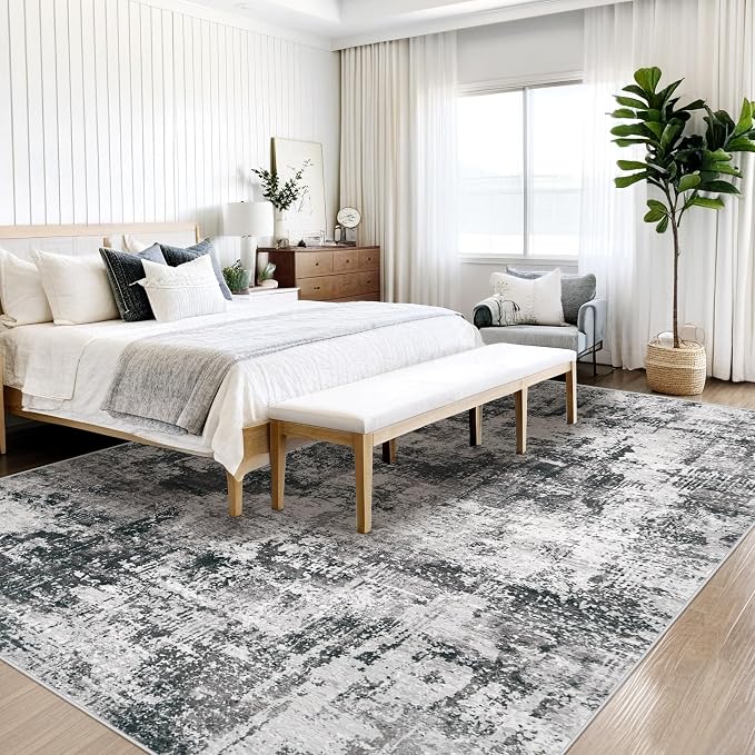 8x10 Area Rugs Washable Rug: Abstract Neutral Rugs Modern Non Slip Area Rug Stain Resistant Low Pile Indoor Carpet for Dining Room Bedroom Nursery Office (Black Grey, 8'x10')