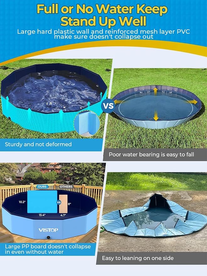 VISTOP Jumbo Foldable Dog Pool, Hard Plastic Shell Portable Swimming Pool for Dogs Cats and Kids Pet Puppy Bathing Tub Collapsible Kiddie Pool (107inch.D x 15.7inch.H, Blue)