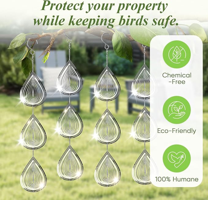 Stainless Steel Bird Deterrents for Outside, Reflective Wind Spinners | Reflective Stainless Steel Bird Scare Discs with 360° Swivel Hooks, 3D Hanging Bird Repellent for Garden, Patio, Balcony