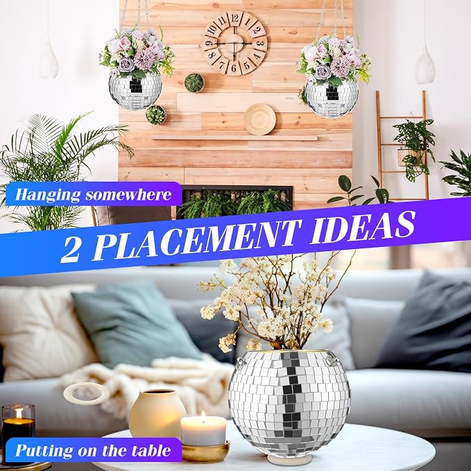 4 Pcs 6/8 Disco Ball Planter Hanging Disco Ball Plant Hanger with Chain Hook and Ring Stand, Mirror Flower Pot for Indoor and Outdoor Plants 70s 80s Party Room Decorations, Sliver