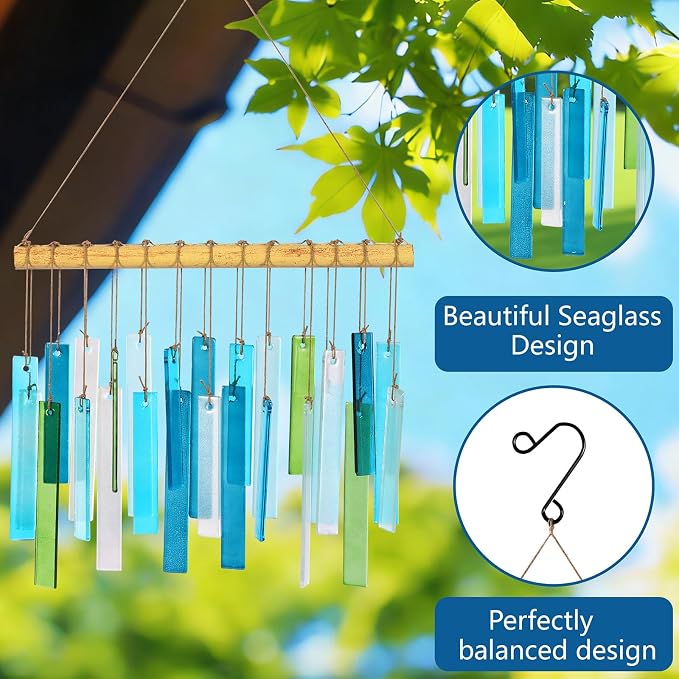 Handmade Metal and Glass Wind Chimes – Sea Glass Garden Windchimes for Outside, Hand-Painted Glass Suncatcher, Durable Memorial Chime for Patio, Porch, Backyard Decor, Unique Gift for Women