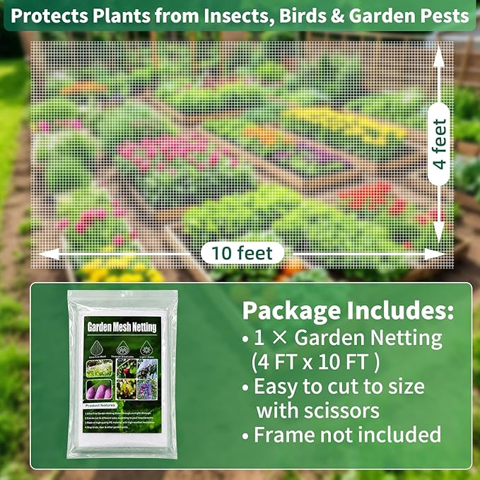 HOOPLE Garden Netting, 4 FT x 10 FT Ultra-Fine Mesh Plant Cover, Bug Netting for Garden, Insect Pest Barrier Row Cover for Vegetables, Fruits & Flowers, Lightweight Breathable Garden Mesh
