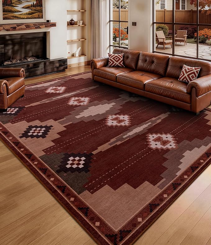 YIHOUSE 8’x10’ Washable Western Red Aztec Area Rug for Living Room | Soft, Non-Slip, Low Pile, Southwestern Retro Navajo Large Rug for Bedroom Dining Room, Red/Brown