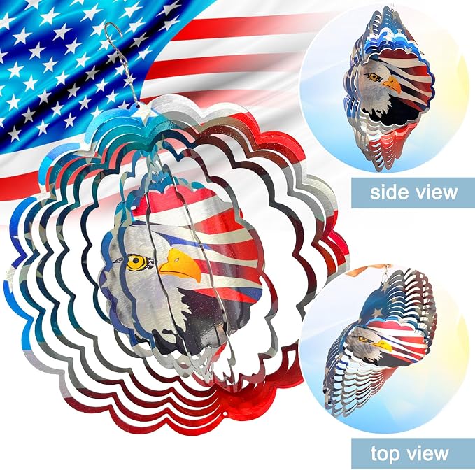 3D Eagle Wind Spinner, America 250 Independence Anniversary Patriotic Decor, USA Flag Bald Eagle Design, 12In Metal Hanging Wind Sculpture for 4th of July, Memorial Day, National