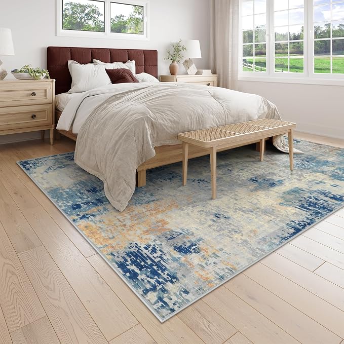 Lahome Modern Abstract Living Room Rug, Washable 8x10 Area Rugs for Bedroom Stain Resistant Non Slip, Large Blue Soft Indoor Carpet for Dining Room Table Apartment, Blue/Grey
