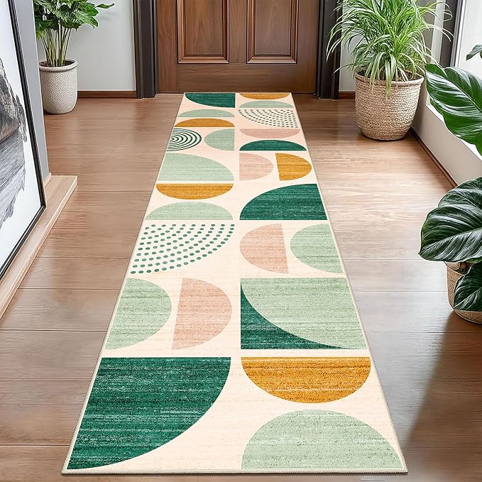 Green Runner Rug Washable 2x8 Area Rugs Non Slip Modern Abstract | Long Throw Carpet for Hallways Kitchen Bedroom Entryway Bathroom Laundry Boho Soft Low Pile Floor Indoor Bohemian Sage Green